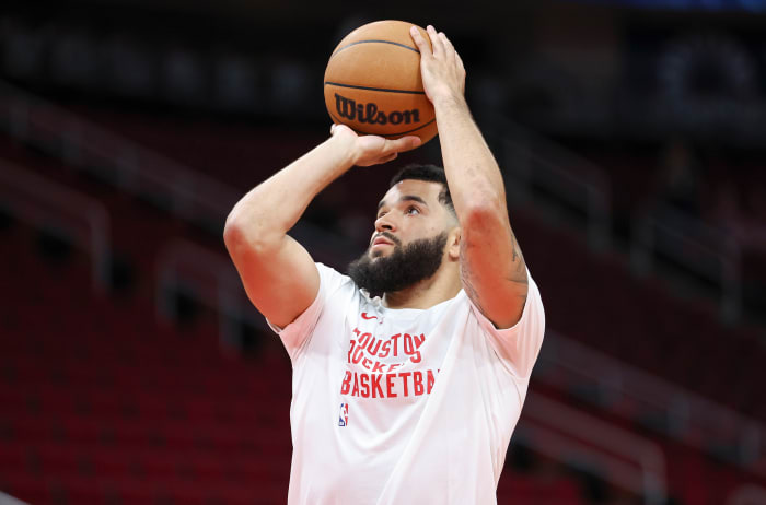 Rockets guard Fred VanVleet warms up before the game against the Indiana Pacers at Toyota Center.